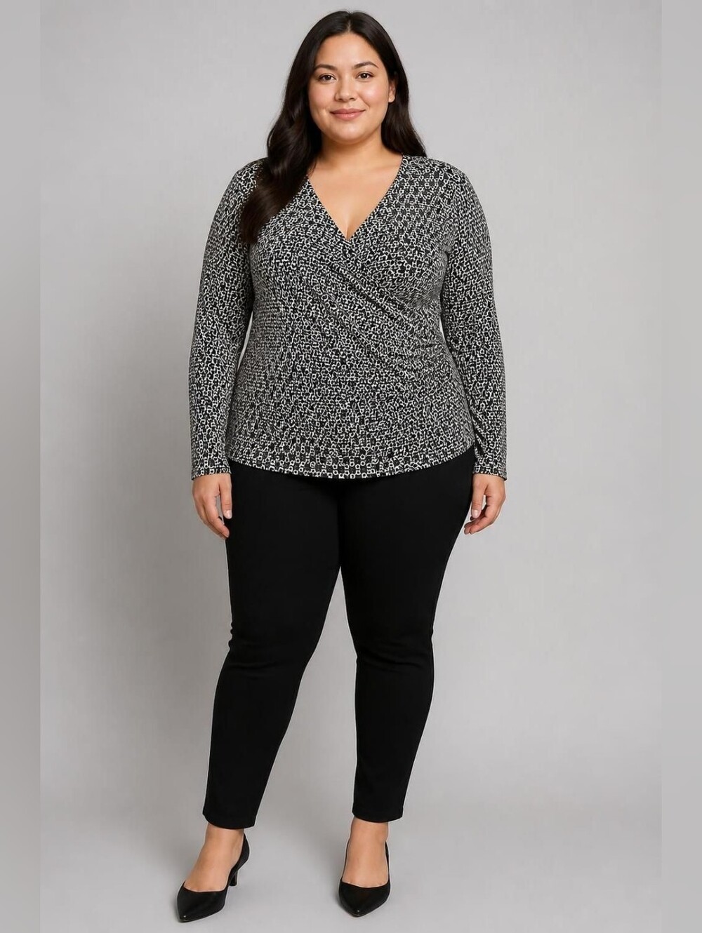 Covington XLP Black and Cream Geometric Faux-Wrap Long Sleeve Tee